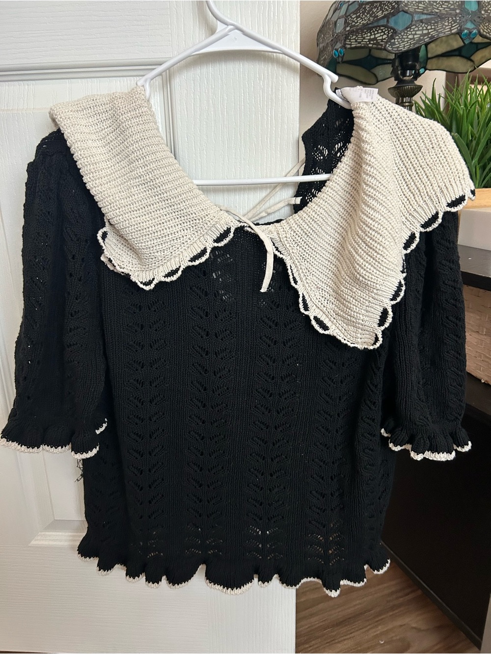Divided Black Knit Sweater with Cream Scalloped Peter Pan Collar